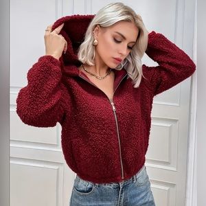 Eilly Bazar Cozy Plush Hooded Teddy Jacket in Burgundy—Fully Lined
